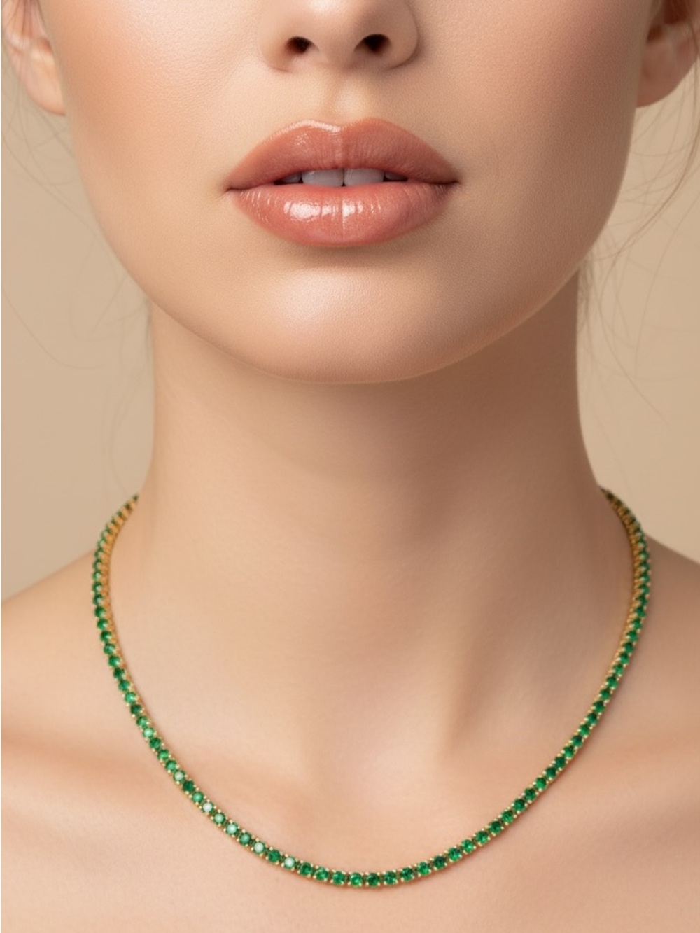 18k Gold Plated Emerald Green CZ Tennis Necklace. New.